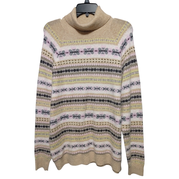 LOFT Striped Neutral Beige Fair Isle Turtleneck Sweater Women's Size Large L - Picture 11 of 12
